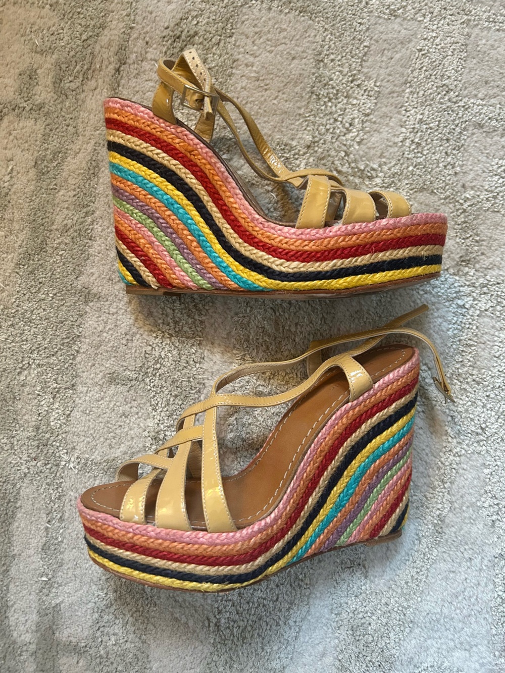 kate spade strappy nude patent leather multicolor braided platform wedge sandals